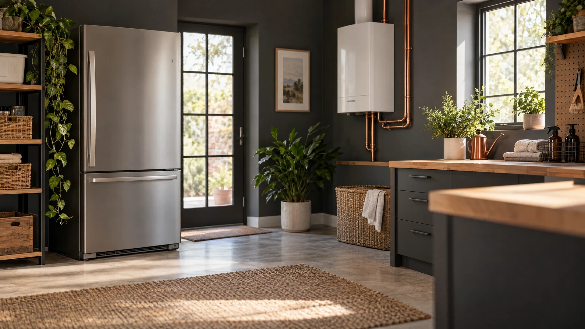 Calm home utility room with generic refrigerator and boiler silhouettes