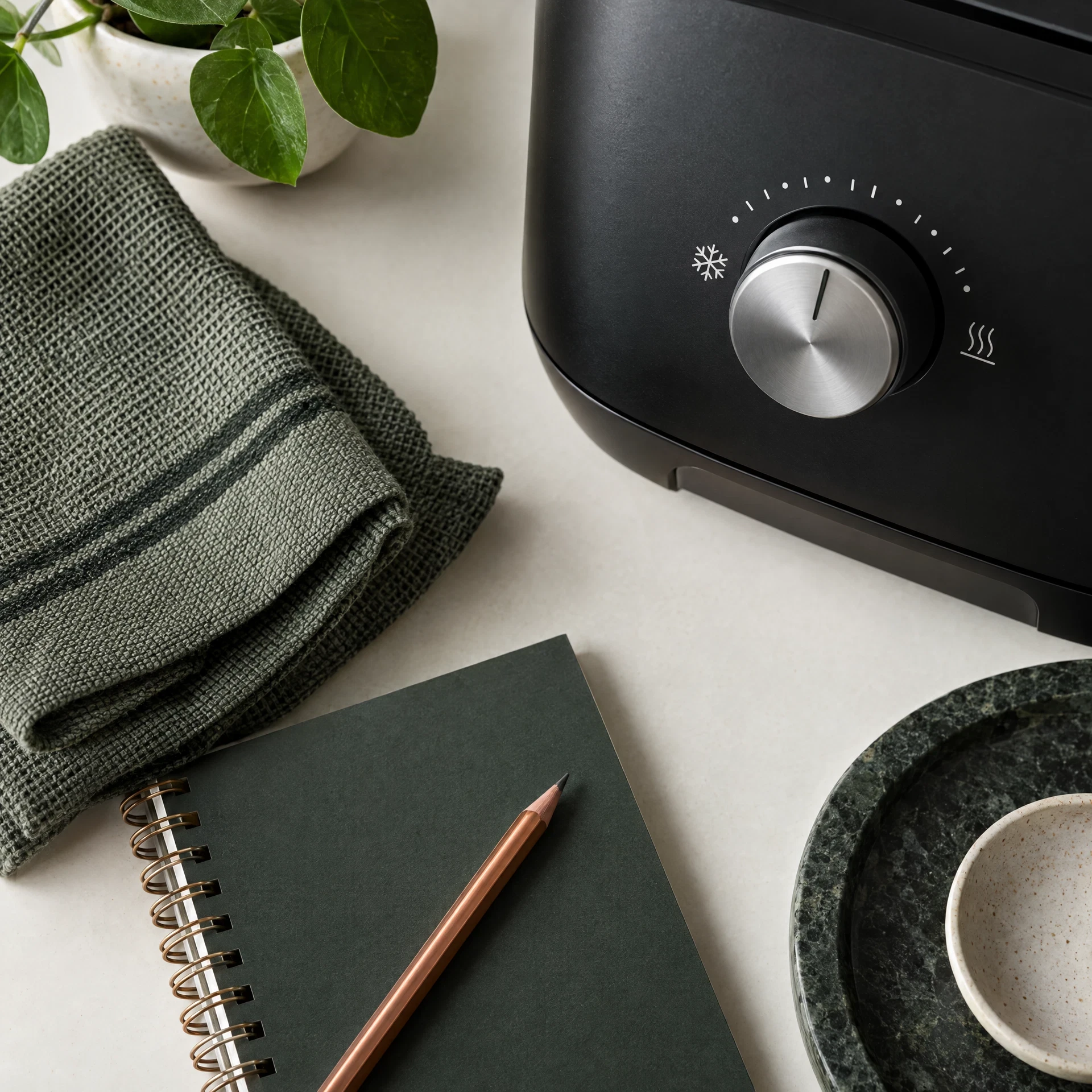 Generic appliance dial, folded care cloth and notebook on a work surface