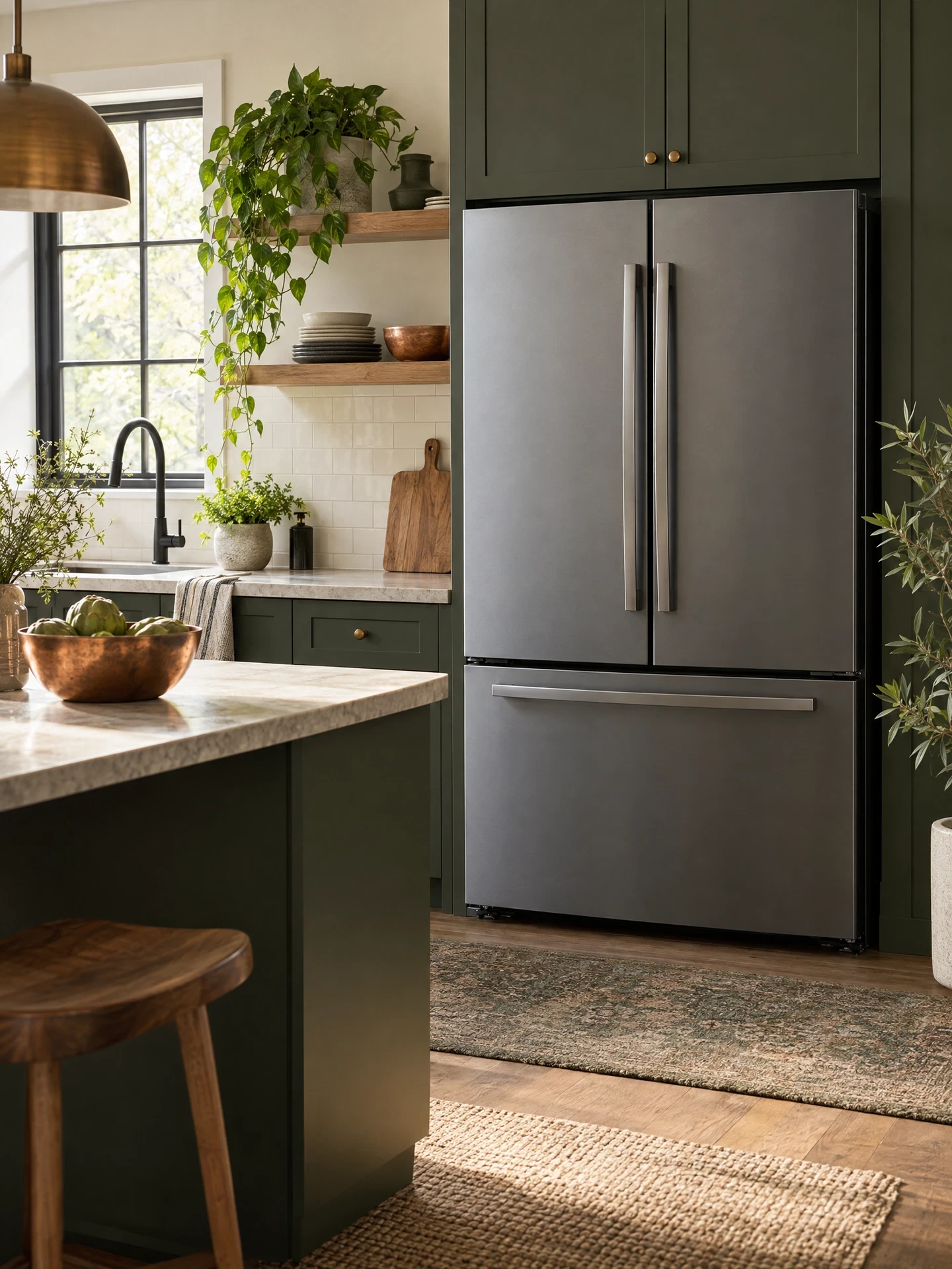 Generic unbranded refrigerator in a calm warm kitchen