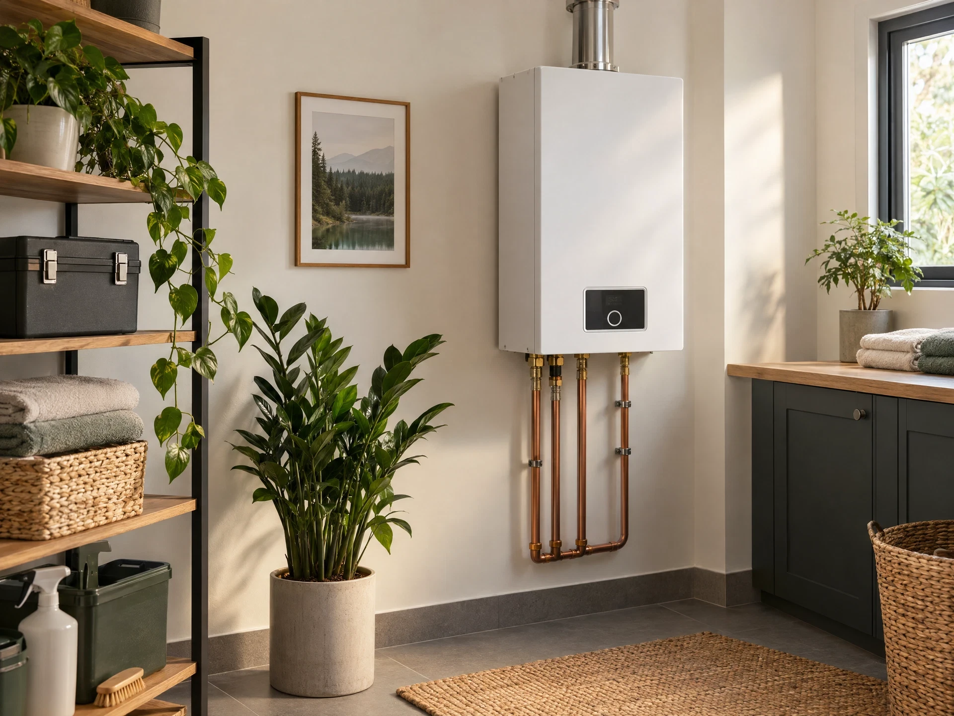 Generic wall mounted hot water appliance in a tidy utility room seen from a distance