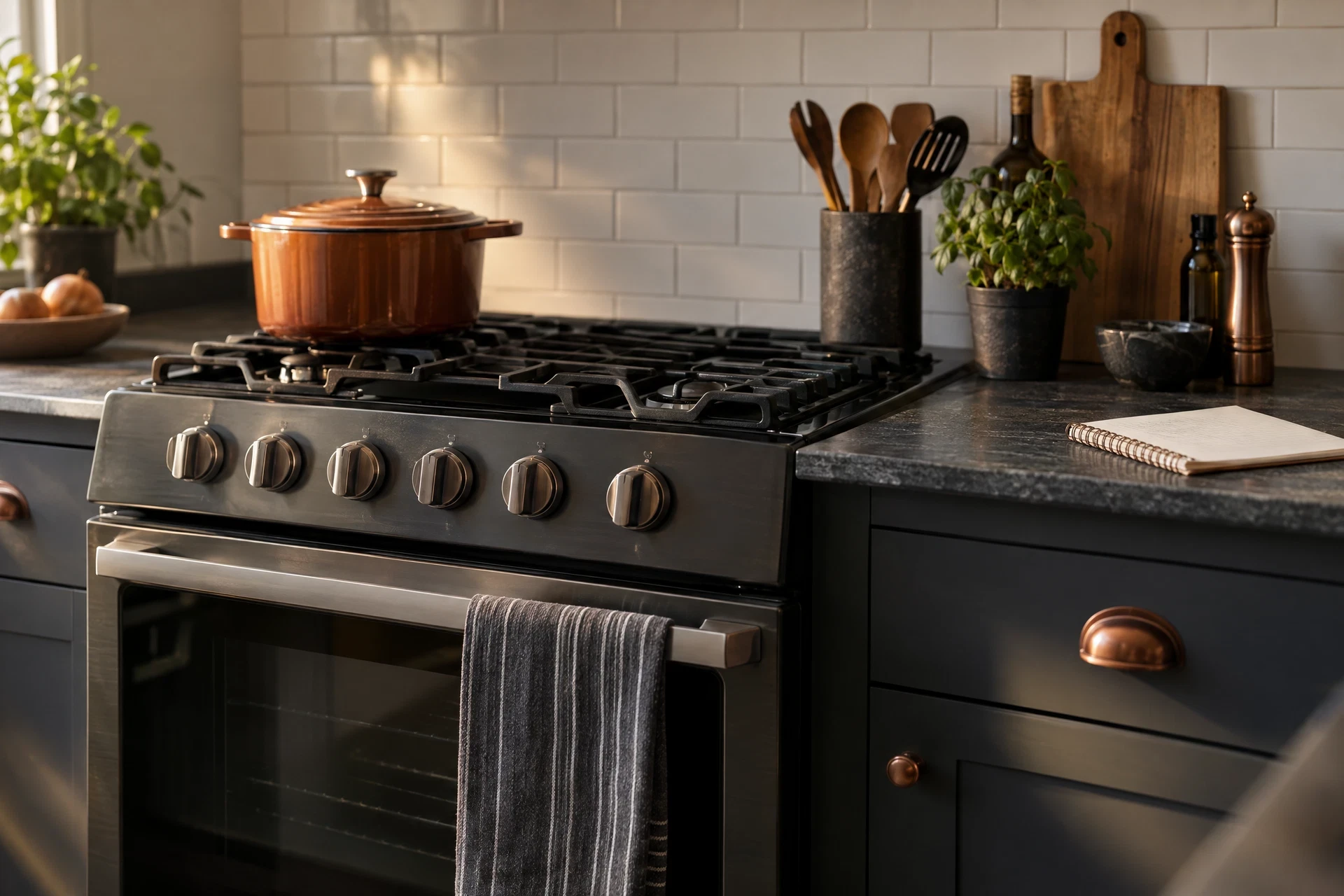 Generic kitchen stove untouched in a warm domestic scene