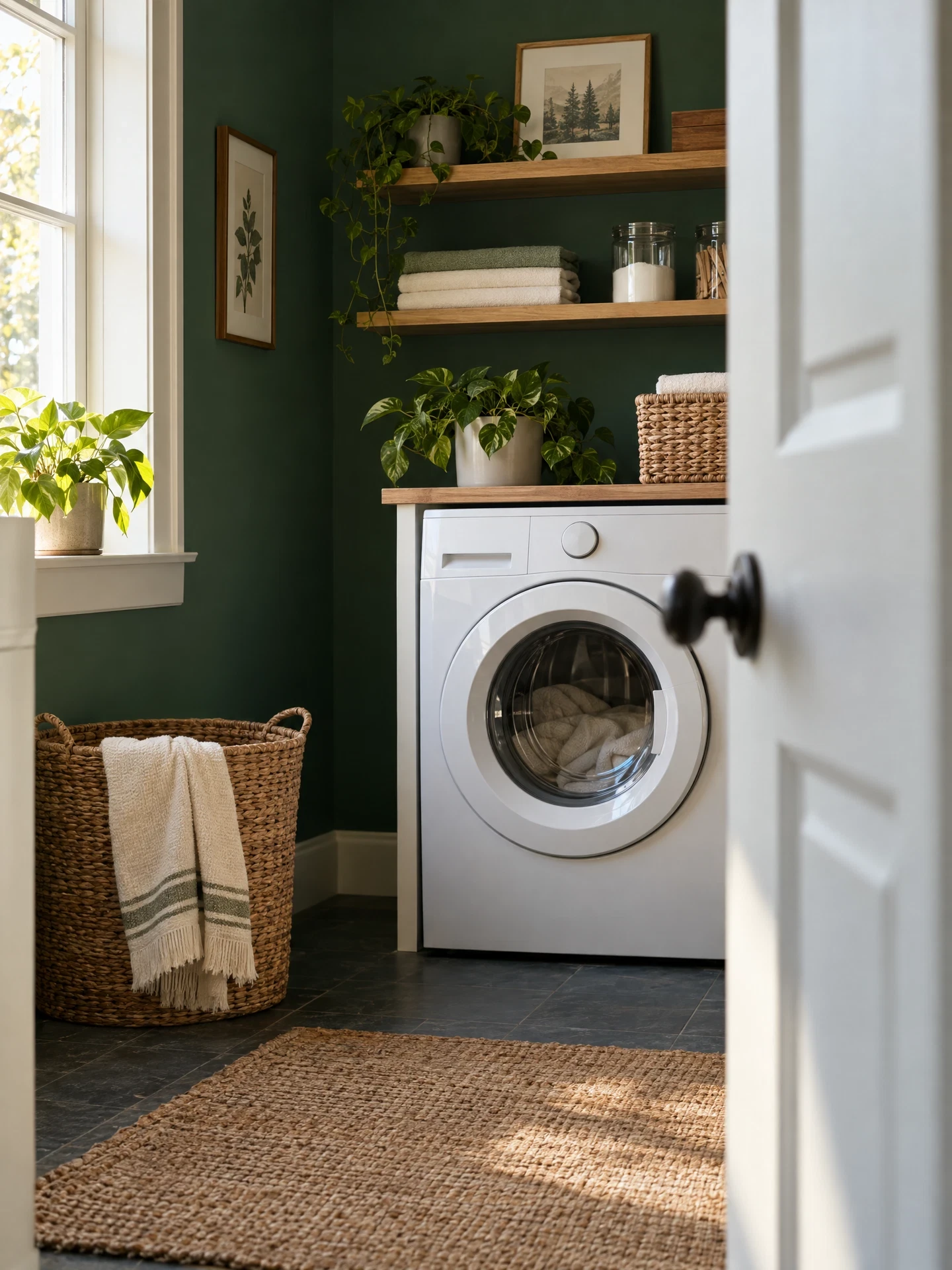 Calm laundry corner with generic washing machine seen through a doorway
