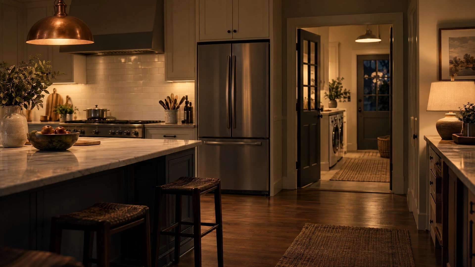 Warmly lit evening kitchen and utility threshold with generic appliances in soft focus