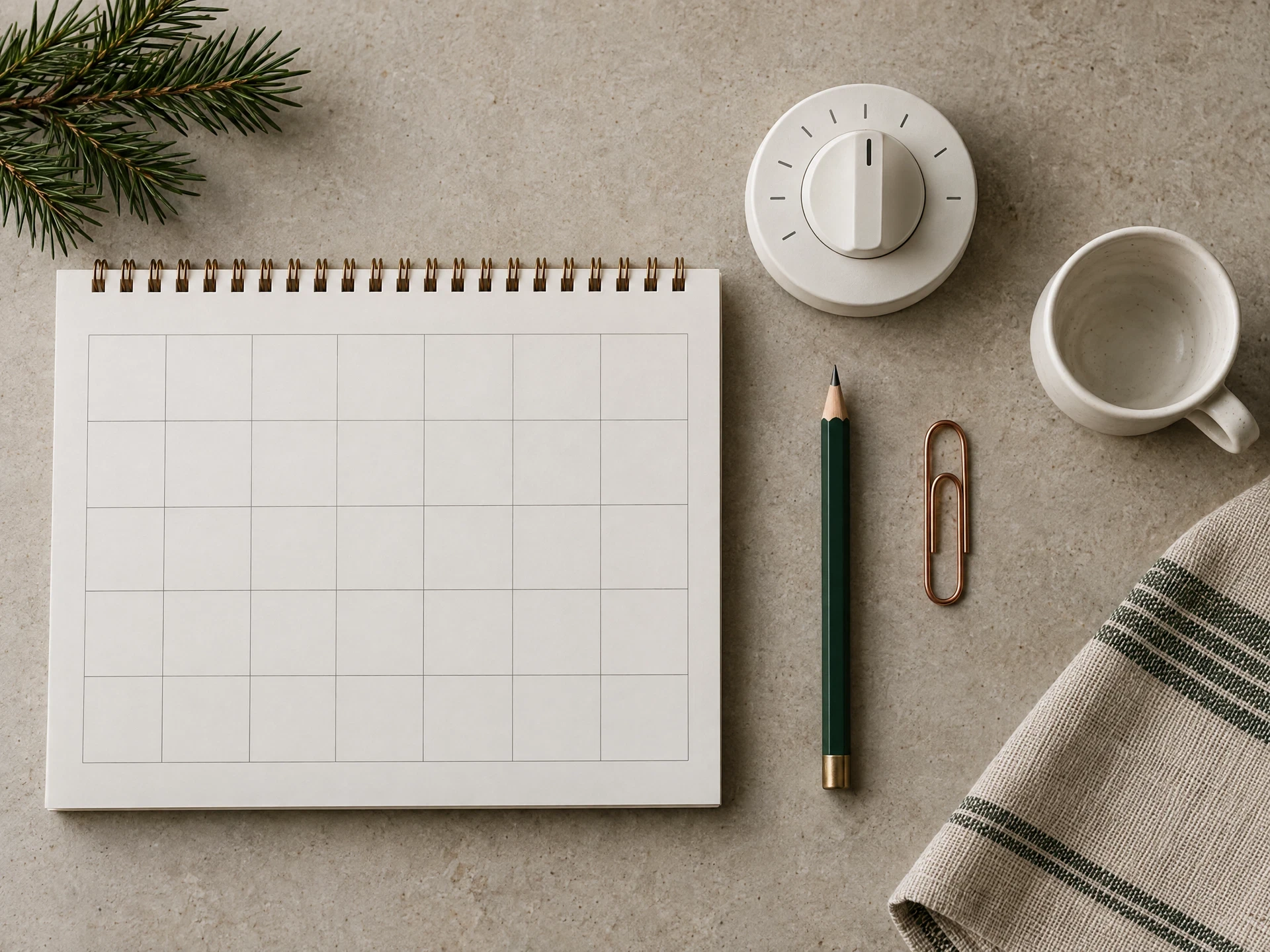 Blank calendar, appliance dial shape and evergreen pencil arranged as a still life
